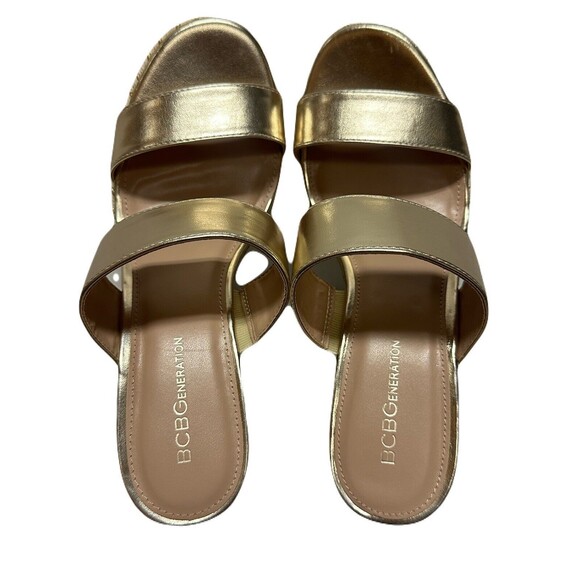 NEW BCBGeneration Nexti Cork Wedge Sandal Womens Size 10 Platino Gold Vegan Lthr - Picture 4 of 10